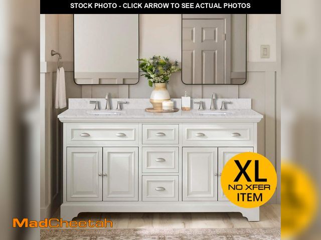 Lot 74-14222294 - DRAWER IS OFF TRACK, MARBLE IS DAMAGED) Home Decorators Collection Sadie 67 in. Double Sink Matte Pe...