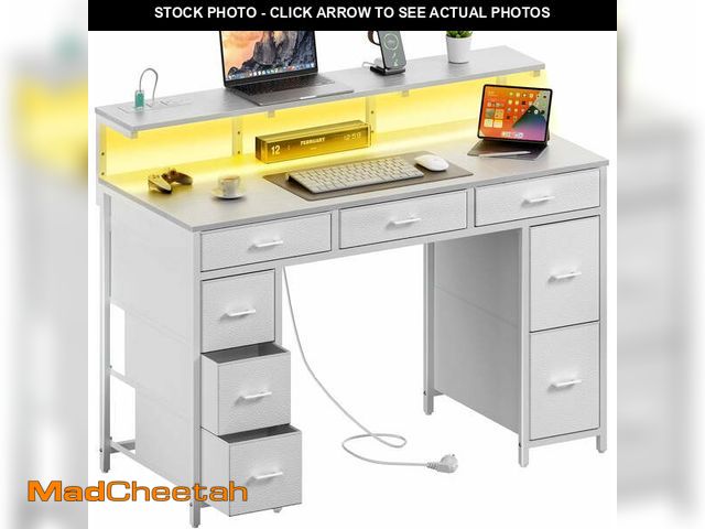 Lot 74-13776273 - HLDIRECT 47 inch Computer Desk with 8 Drawers, Gaming Desk with LED Lights &amp; USB Power Outlets, ...