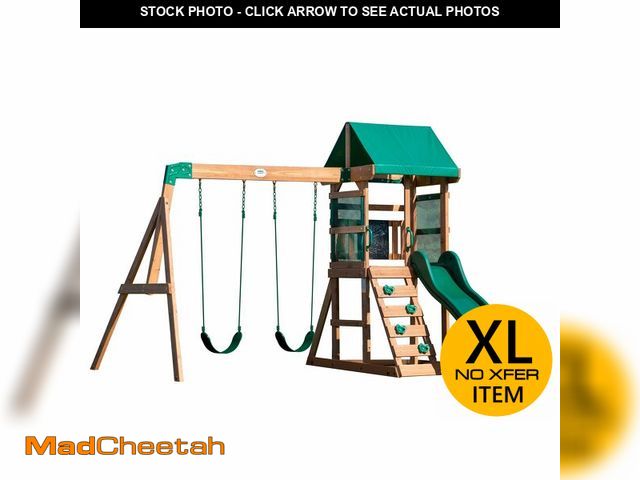 Lot 74-13673534 - Backyard Discovery Buckley Hill Cedar Wood Swing Set with Wave Slide, Play Deck, Rock Wall Ladder, B...