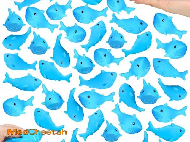 Lot 74-12330618 - Poen 100 Pcs Rubber Shark Bath Toys Bulk Mini Floating Rubber Sharks Blue Cute Squeezable Squeak Toy...