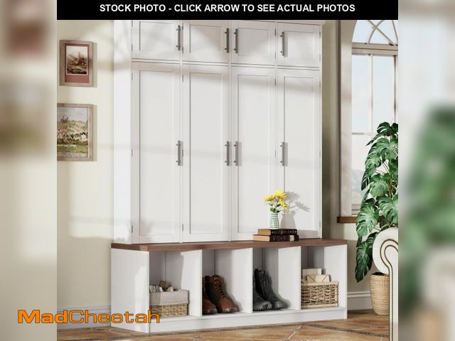 Lot 74-12514179 - Merax Hall Tree with Entryway Bench and Shoe Cabinet, Multi-Functional Seating Bench with 4 Hanging ...