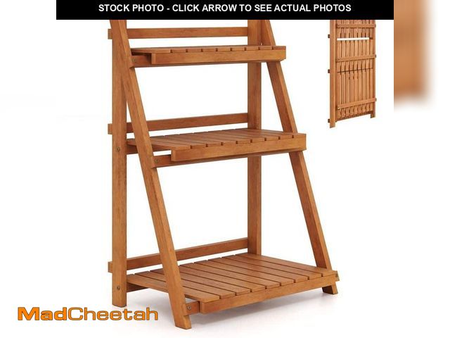 Lot 74-13778830 - HONEY JOY Foldable 3-tier Wood Plant Stand Ladder Flowerpot Holder Display Rack with Teak Oil Finish...