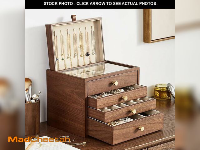 Lot 74-13709776 - Homruilink Black Walnut Wooden Jewelry Box for Women 4 Layer with Glass Lid and Pull-out Necklace St...