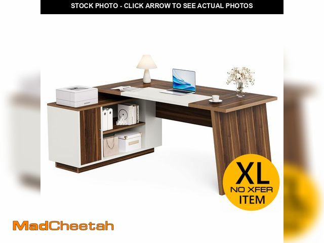 Lot 74-12570833 - LITTLE TREE 70.5-Inch Executive Desk, Large Home Office Desk with Storage Cabinet and Open Shelves, ...