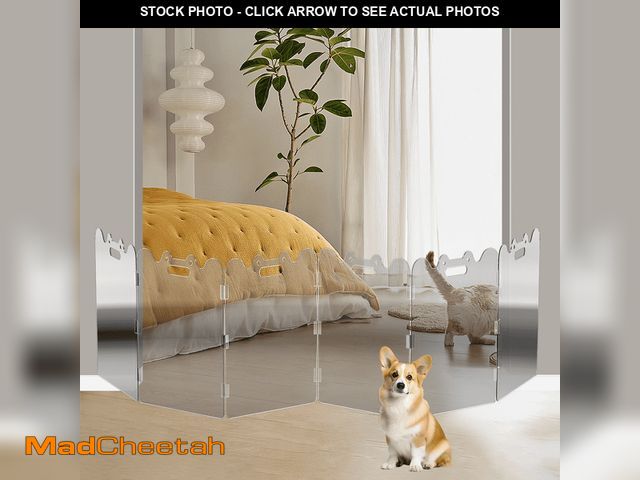 Lot 74-13044684 - Fairy Baby Dog Gate, 120.1"W x 23"H, Foldable Freestanding Clear Acrylic Pet Gate, Indoor 6 Panel - ...