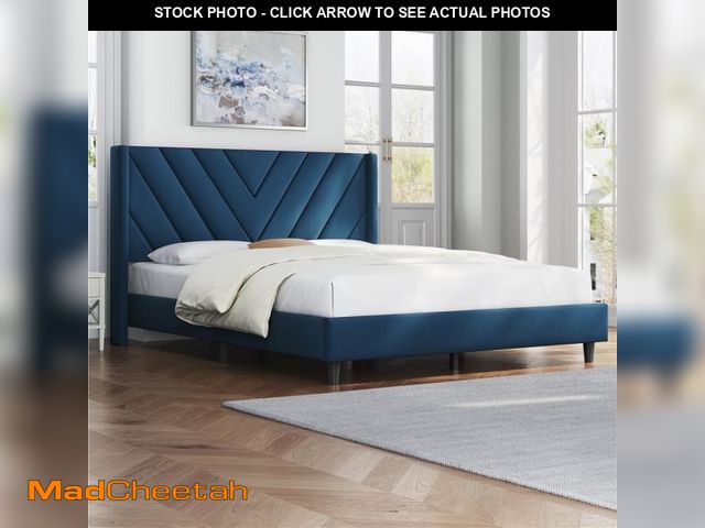 Lot 74-12160805 - Yaheetech Upholstered Platform Bed with Tufted Headboard and Wing Side, Queen, Blue - UNUSED