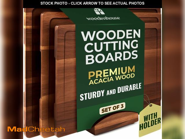 Lot 74-12697802 - Acacia Wood Cutting Board Set of 3 with Holder, Juice Grooves &amp; Built-in Handles - Durable, Wood...