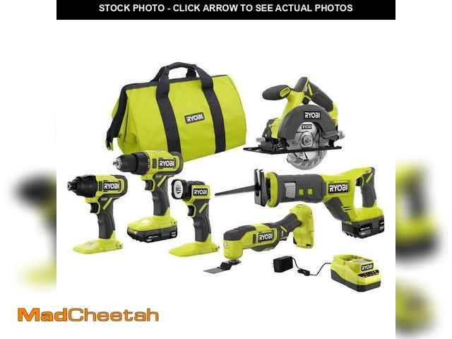Lot 74-13133943 - RYOBI ONE+ 18V Cordless 6-Tool Combo Kit with 1.5 Ah Battery, 4.0 Ah Battery, and Charger - USED