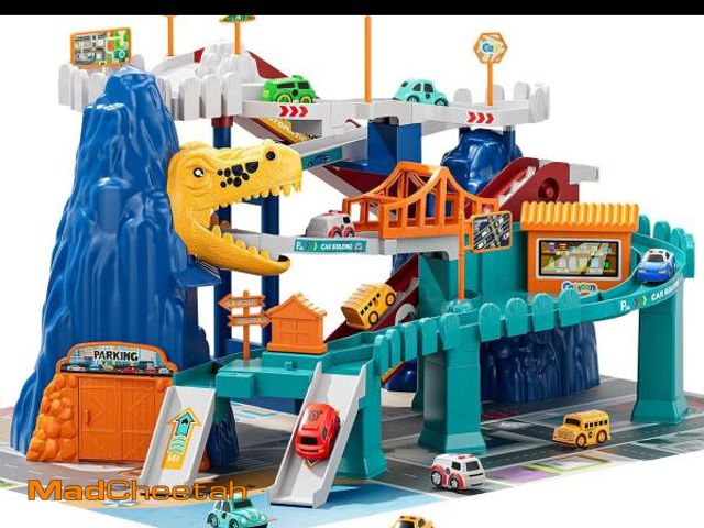 Lot 74-12161849 - TEMI Boys Dinosaur Race Track Playset, Kids Car Garage Parking Adventure Toy with 10 Mini Cars, Educ...