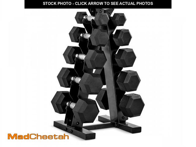 Lot 74-12164594 - CAP Barbell 150 LB Coated Hex Dumbbell Weight Set with Vertical Rack, Black - UNUSED