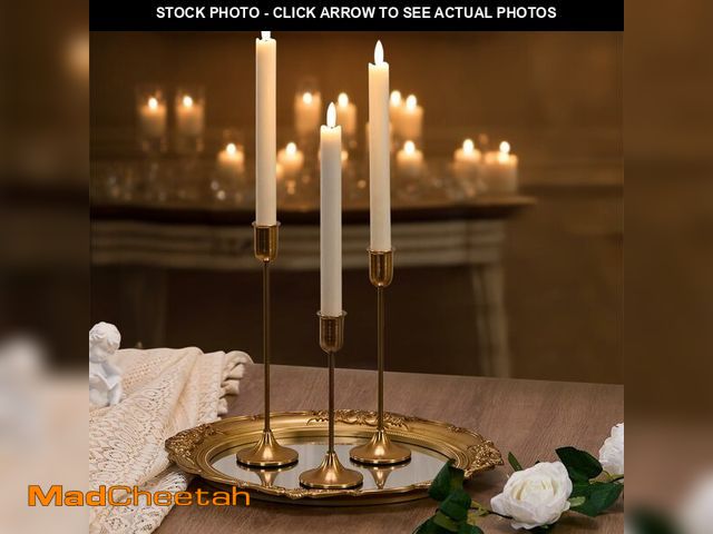 Lot 74-13541212 - Candlestick Holders, Gold Metal Taper Candle Holders Set of 3, Handmade Heavy Base Brass Vintage Mod...