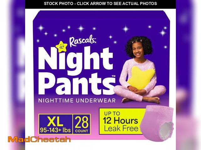 Lot 74-12536273 - Rascals Absorbent Disposable Girls Nighttime Bedwetting Underwear, XL  (95-143+ lbs), 28 count - UNU...