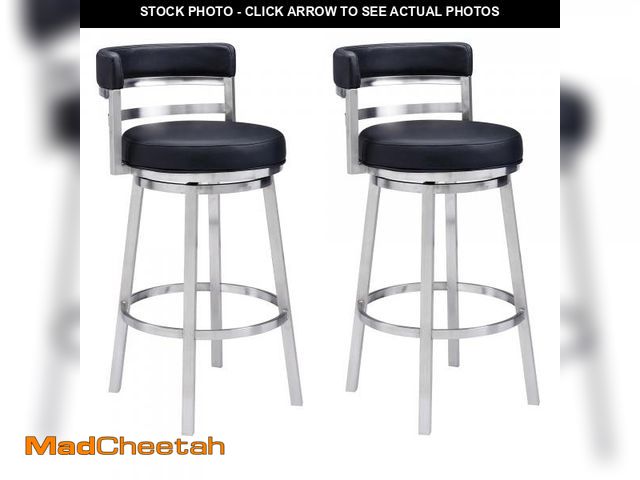 Lot 74-12227114 - Armen Living Madrid 30" Seat Height Swivel Modern Black Faux Leather and Brushed Stainless Steel Bar...