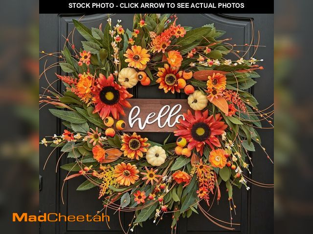 Lot 74-14472063 - 24 Inch Artificial Fall Wreaths for Front Door Outside with Hello Sign'' - UNUSED