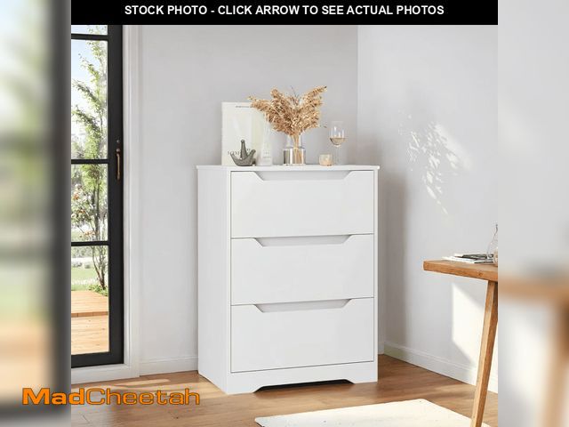 Lot 74-14354385 - Homfa 3 Drawer White Dresser, 23.6âW Nightstand, Wood Chest of Drawer with Cutout Handles for Bedr...