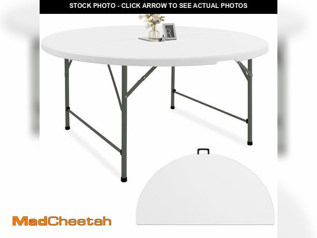 Lot 74-12569043 - Fivenl 5 FT Round Folding Tables White Foldable Table, Fold-in-Half with Carrying Handle Portable Pl...