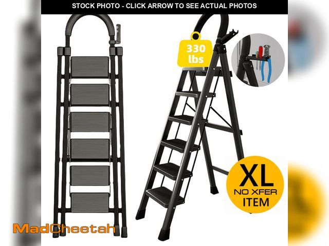 Lot 74-12834424 - stusgo 6 Step Steel Ladder Folding Step Stool with Tool Holder for Easy Use-Black - UNUSED