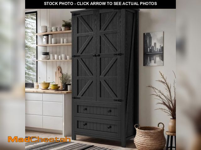 Lot 74-12207742 - DWVO Farmhouse Kitchen Pantry Cabinet, 64.5" Tall Storage Cabinet with 2 Drawers and Adjustable Shel...