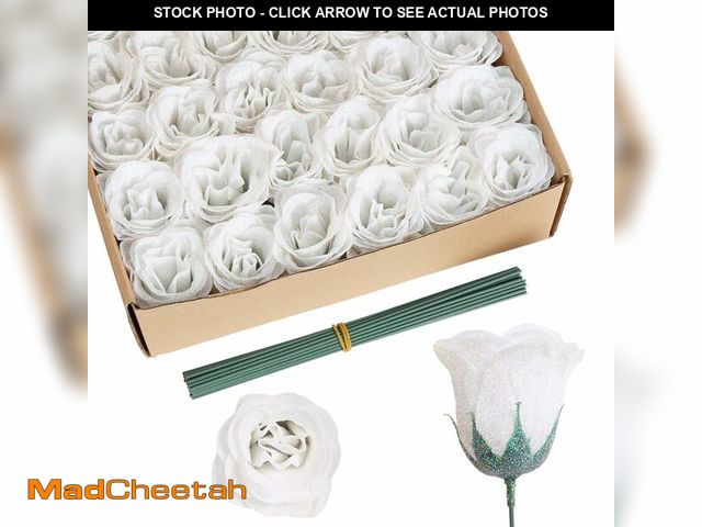 Lot 74-12607235 - Rzoukler Glitter Flowers,30PCS White Roses Artificial Roses with Stems for Wedding Bouquet Party Chr...