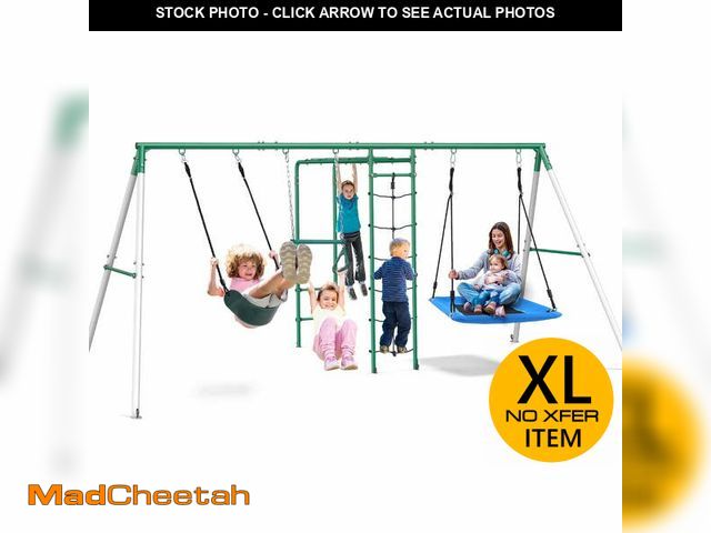 Lot 74-13114963 - KloKick Heavy-Duty Metal Swing Set for Backyard, Outdoor Playset with Monkey Bars, Belt Swing, Platf...