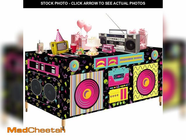 Lot 74-14205676 - 6FT Rectangle 80s 90s Boom Box Tablecloth, Retro Radio Stereo Speaker Print Washable Fabric Table Co...
