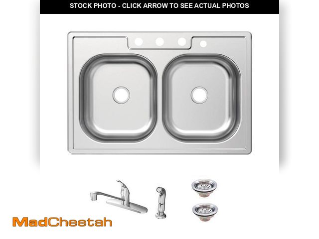 Lot 74-14222833 - Glacier Bay 33 in. Drop-In 50/50 Double Bowl 20 Gauge Stainless Steel Kitchen Sink with Faucet and S...
