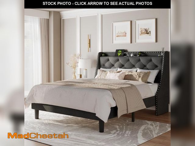 Lot 74-12289391 - Feonase Queen Bed Frame with Luxury Wingback and Fast Charging Station,Upholstered Button Tufted Sto...