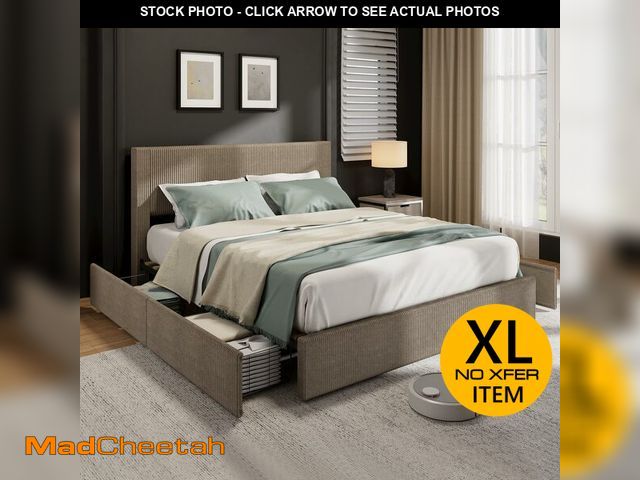 Lot 74-13790564 - Garvee Corduroy Bed Frame with Headboard, Platform Upholstered Queen Bed Frame with 4 Storage Drawer...