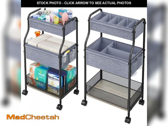 Lot 74-12212385 - 3-Tier Baby Diaper Caddy Organizer and Storage Cart with 4+2 Dividers, Mobile Metal Utility Cart wit...