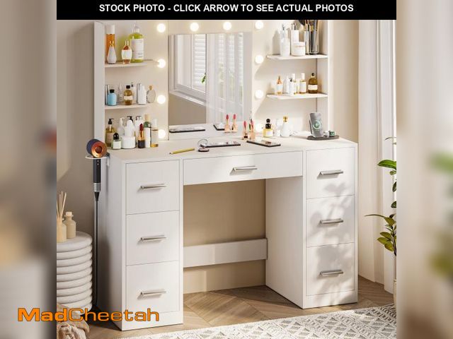 Lot 74-12475075 - Homall Vanity Desk with Mirror, LED Lights &amp; Power Outlet, Makeup Vanity Table with 7 Drawers &a...