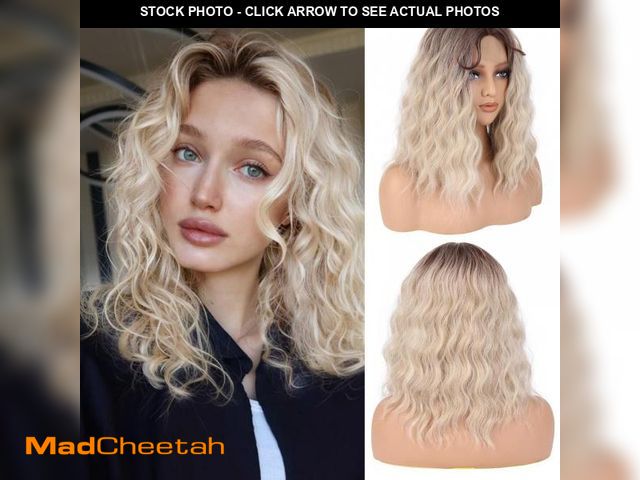 Lot 74-12311115 - Ombre Walnut Brown to Ash Blonde Wigs for Women 16 Inch Medium Length Middle Part Curly Wavy Wig Nat...