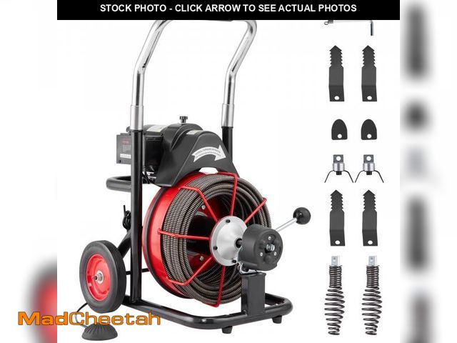 Lot 74-12130761 - VEVOR Drain Cleaner Machine 100FT x 1/2 Inch, Auto Feed Sewer Snake Auger on Wheels, 550W Portable D...