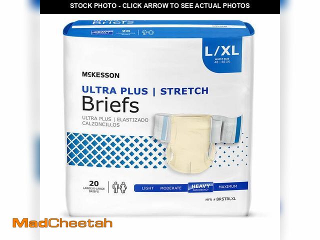 Lot 74-12767673 - McKesson Ultra Plus Stretch Briefs, Incontinence, Heavy Absorbency, XL, 20 Count, 1 Pack - UNUSED