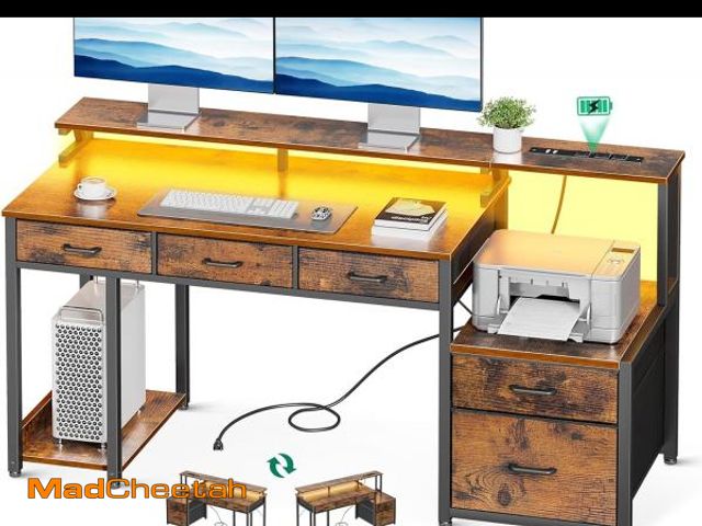 Lot 74-12540833 - AODK 55 Inch Computer Desk with 3 Drawers and File Cabinet for Storage, Office Desk with Monitor Sta...