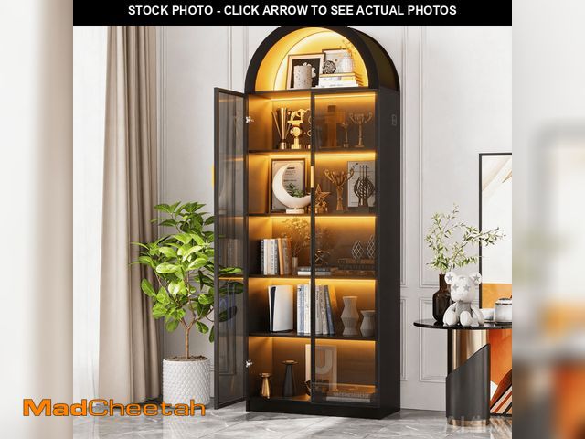 Lot 74-14307864 - VKCC 69.7" LED Arched Display Cabinet with Door, Modern Curio Book Case with Storage for Living Room...