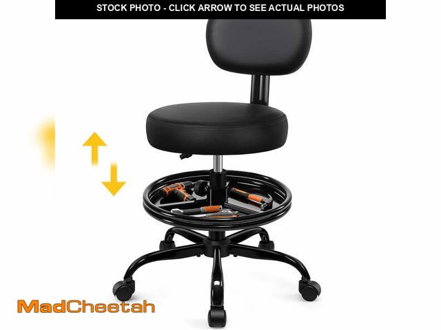 Lot 74-14588645 - (SOME DAMAGE TO SEAT )Primy Shop Stool with Wheels for Garage, Rolling Mechanics Chair with Backrest...