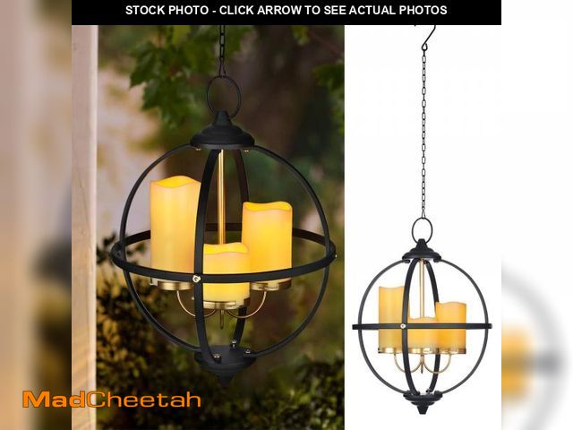 Lot 74-12303909 - Battery Operated Outdoor Candle Chandelier - Black and Gold Metal Globe Hanging Pendant Light with 3...