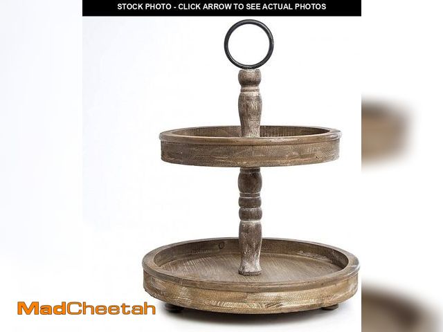 Lot 74-12307482 - Hallops Wood 2 Tiered Tray | Rustic Farmhouse Decor | Rustic Serving Cake Stand | Galvanized Kitchen...