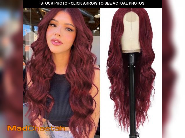 Lot 74-12051106 - NAYOO Long Wine Red Wavy Wig for Women 26 Inch Middle Part Curly Wavy Wig Natural Looking Synthetic ...