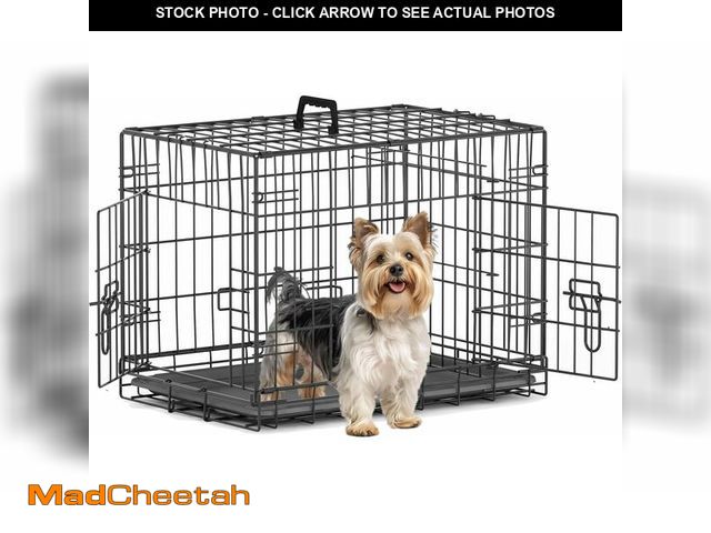 Lot 74-13733943 - Piskyet 24 Inch Double Door Small Dog Crate with Divider Panel and Leak- Proof Pan Tray, Folding Met...