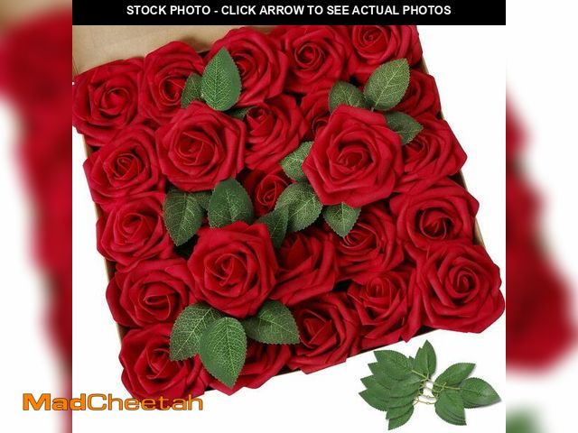 Lot 74-12698095 - AmyHomie Artificial Flowers Dark Red Rose 50pcs Real Looking Fake Roses w/Stem for DIY Wedding Bouqu...