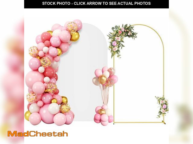 Lot 74-14422765 - 7.2FT Metal Arch Backdrop Stand and Cover Set, Gold Wedding Backdrop Arch Stand with Cover, Balloon ...