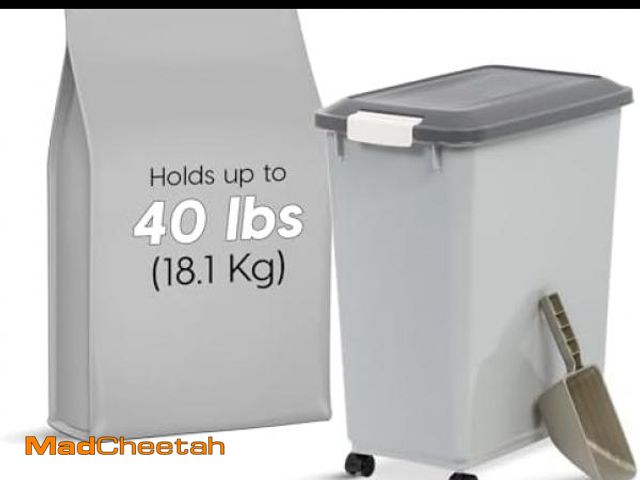 Lot 74-12098290 - IRIS USA Dog Food Storage Container with Wheels, Airtight Lid, 2-Cup Scoop, Up to 40 Pounds Pet Food...