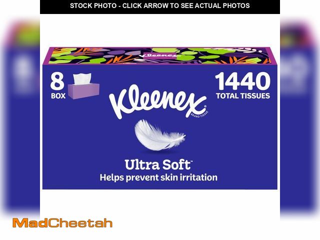 Lot 74-13801481 - Kleenex Ultra Soft Facial Tissues, 8 Flat Boxes, 180 Tissues per Box, 3-Ply, Packaging May Vary - UN...