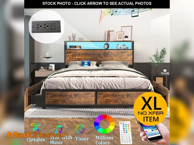 Lot 74-13774224 - LED Queen Bed Frame with Storage Headboard &amp; 4 Drawers, Industrial Metal Platform Bed with Power...