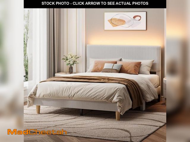 Lot 74-12224033 - Bestier - Queen Size Upholstered Bed Frame with LED Lights, Adjustable Headboard - Taupe - UNUSED