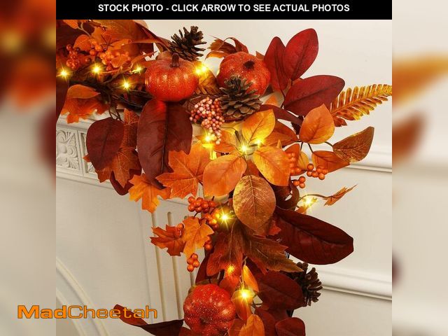 Lot 74-12705656 - SHareconn 9ft Fall Garland with Lights, Autumn Leaves Garland with Realistic Pumpkins, Thanksgiving ...