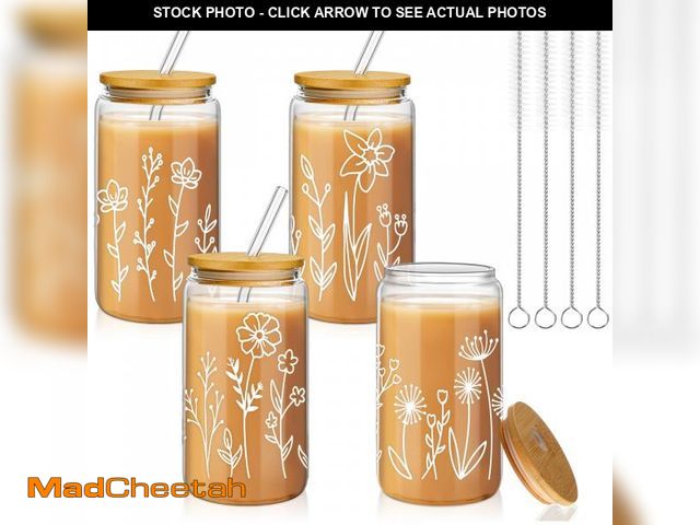 Lot 74-12118560 - Mumufy 4 Pack Gift for Women Cute Glass Cup Tumbler Flower Iced Coffee Mugs 16 oz Glass with Bamboo ...