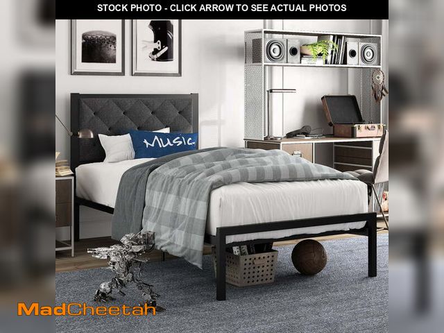 Lot 74-12834354 - Amolife Twin Size Metal Bed Frame with Upholstered Headboard, Dark Gray - UNUSED