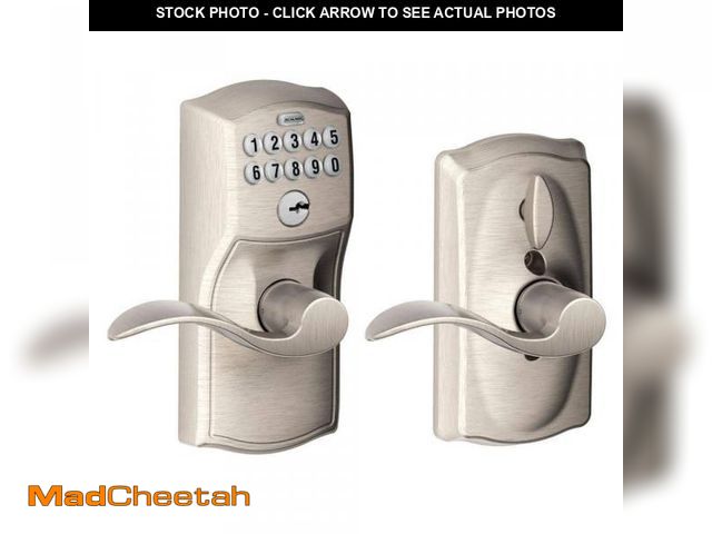 Lot 74-12150004 - (MISSING LATCH) Schlage Camelot Satin Nickel Electronic Keypad Door Lock with Accent Handle and Flex...